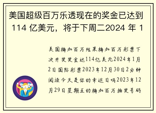 美国超级百万乐透现在的奖金已达到 114 亿美元，将于下周二2024 年 1 月 2 日开奖 